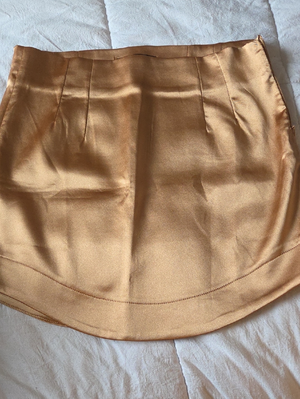 Deluc Metallic Gold Satin Mini Skirt with Curved Hem